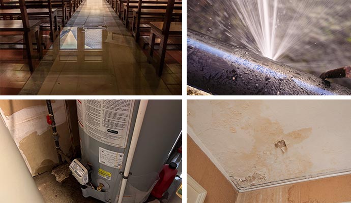 Collage of water damaged floor, pipe break, appliance leak, and roof leak damage