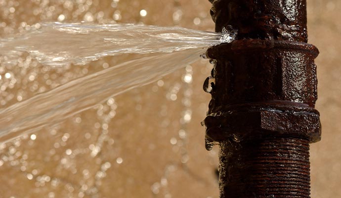 Water leaking from a broken water pipe Water escaping from a broken, rust-covered pipe in a basement area