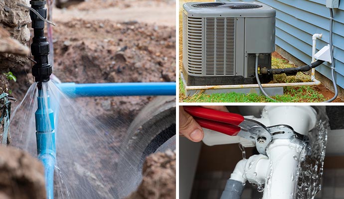 Collage of broken water pipe, hvac discharge line and fixing broken pipe Collage of broken water pipe, hvac discharge line and fixing broken pipe