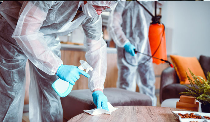 Professional workers disinfecting biohazard area