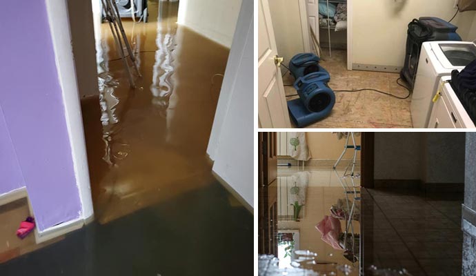 Collage of flood damaged property, appliance leak, and water damaged floor due to plumbing leak Collage of flood damaged property, appliance leak, and water damaged floor due to plumbing leak