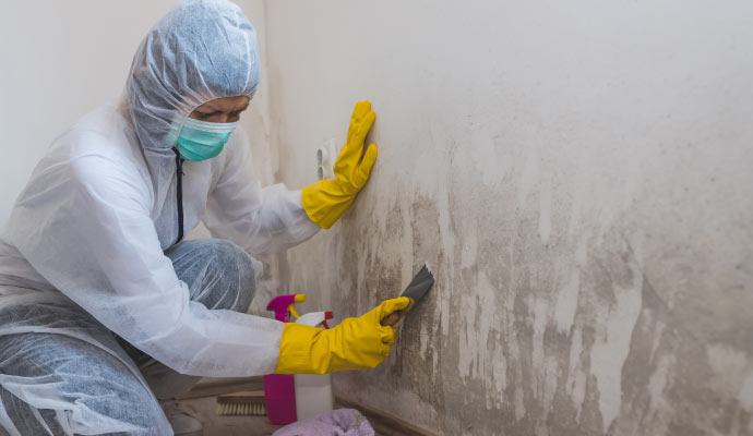 Person cleaning mold from a wall with equipment