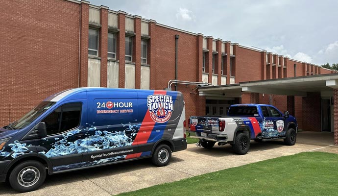 special touch restoration truck standing outside a bulding