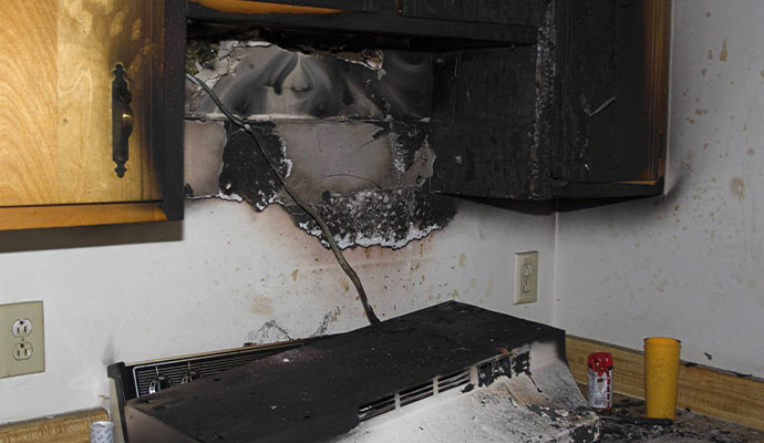 Kitchen fire damage and visible damage