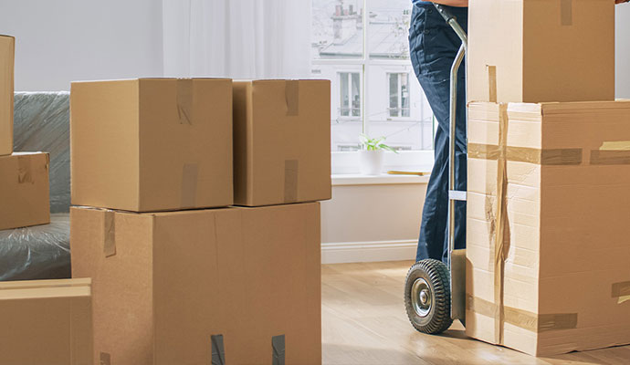 Person is moving cardboard boxes with equipment