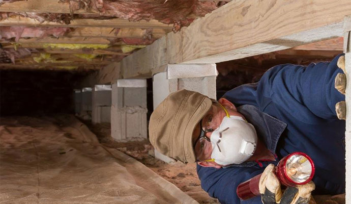 Worker in the crawl space with his torch light