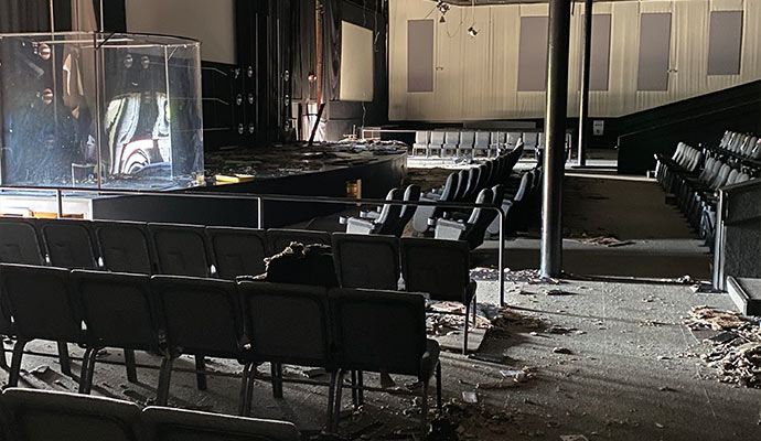 Fire-damaged auditorium