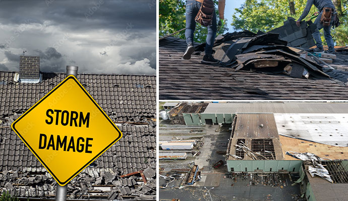 Collage images of storm damage restoration process