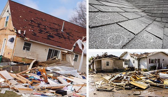 Hurricane, hail and tornado damage scenes