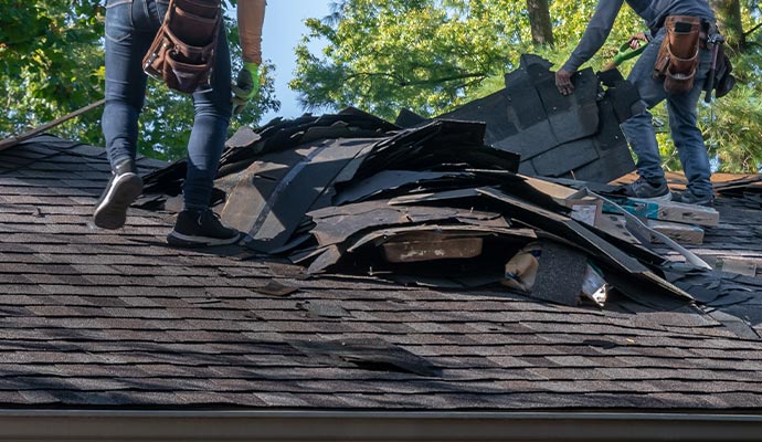 Professional worker restoring wind damaged house